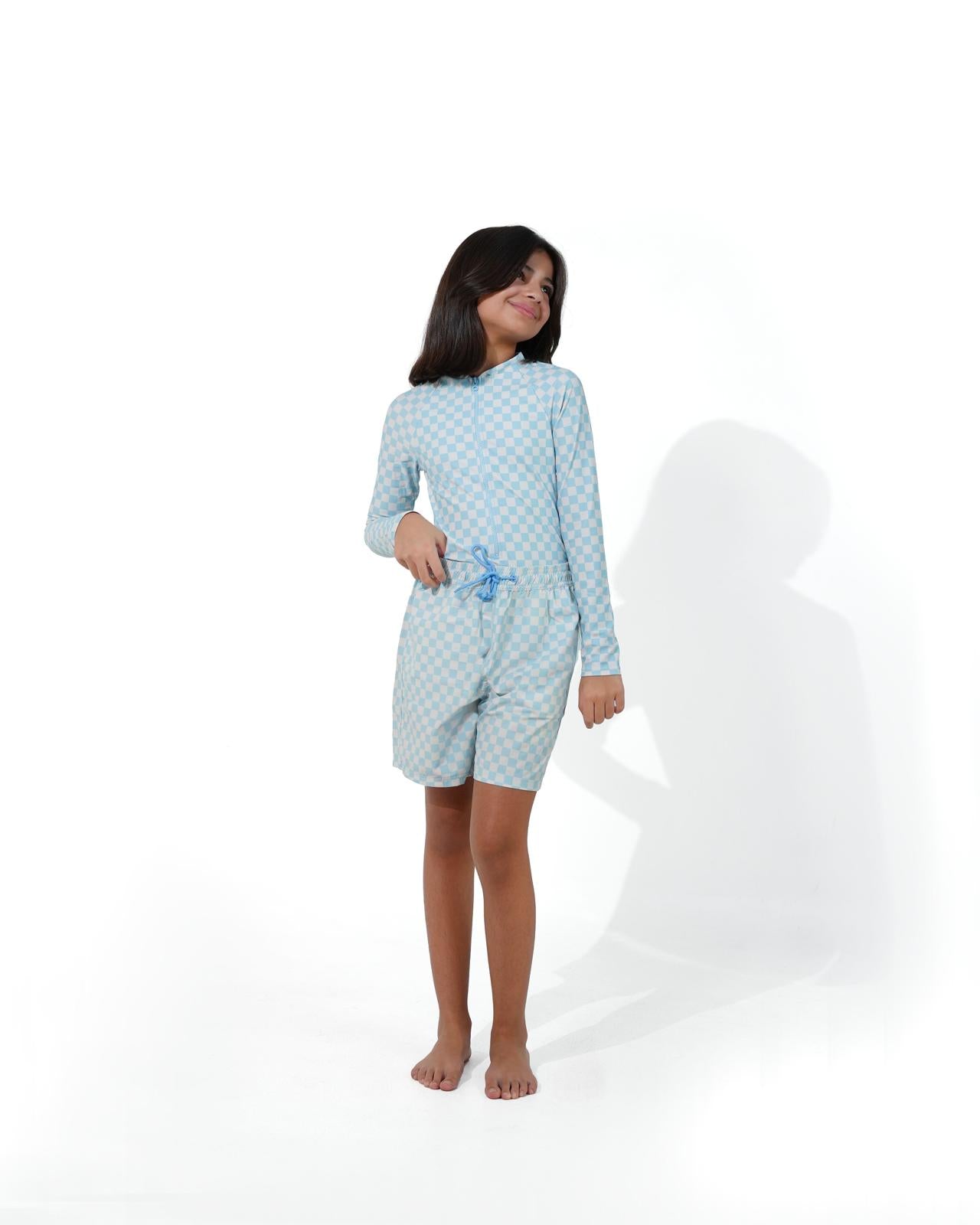 White & Blue Checkered Long Sleeve – Girls (8–16)